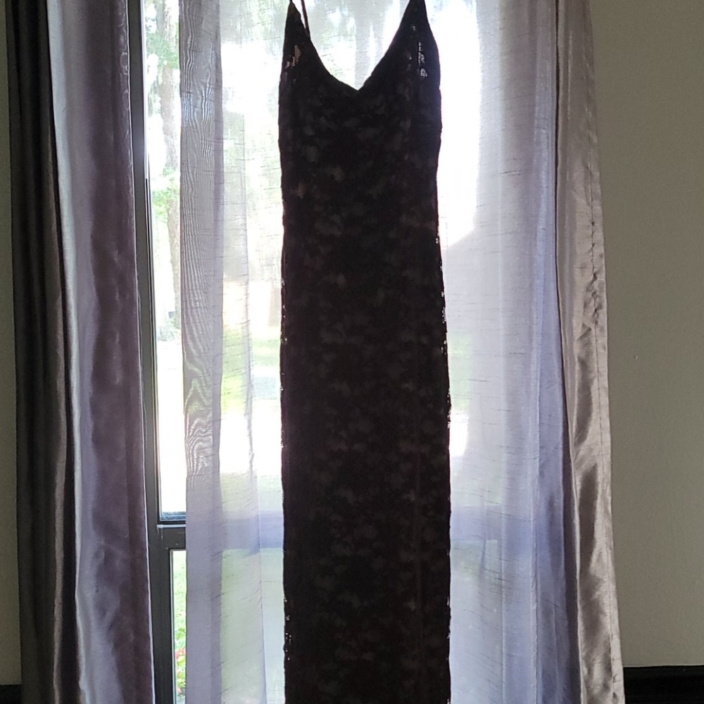 Long brown lace and nude under, A Z I Z size med
